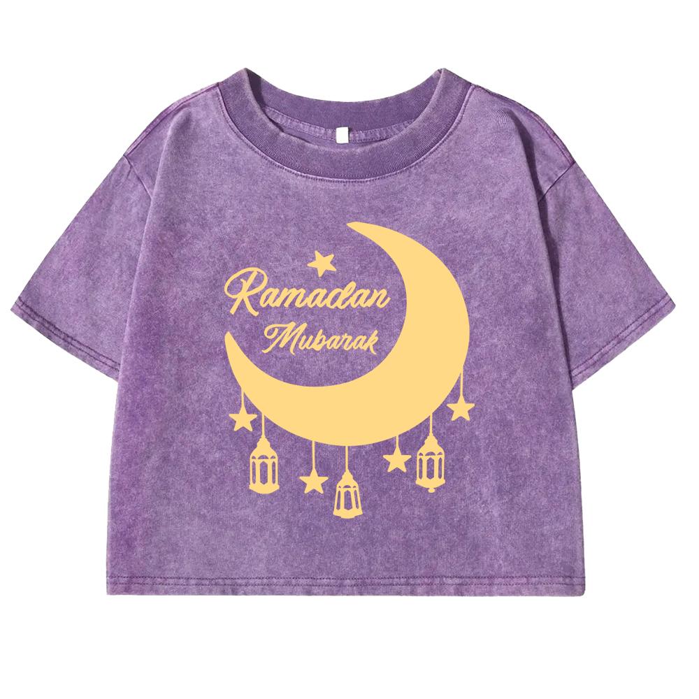 Moon Lamp Art Printed Women Washed T-Shirts  Fitness Crop Top Summer Retro Tee Shirt Slim Casual Female  Clothing