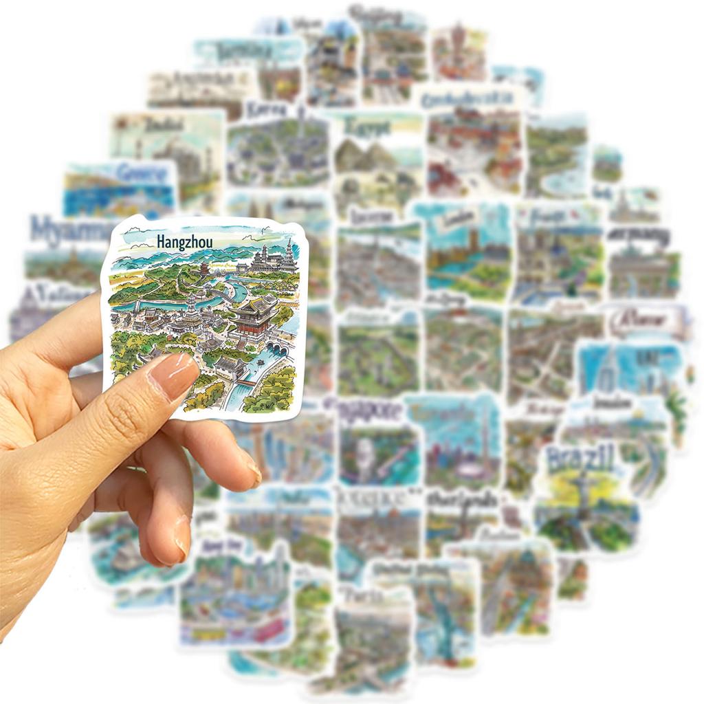 50 Hand-drawn Travel Map Graffiti Stickers Decorate Guitar Notebook Suitcase DIY Waterproof Stickers