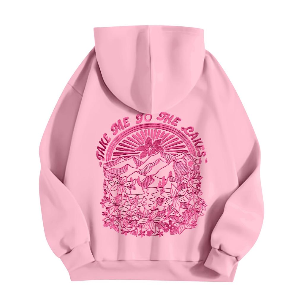 Damemote Lett langermet genser for kvinner med lommer Preppy grafisk hettegenser