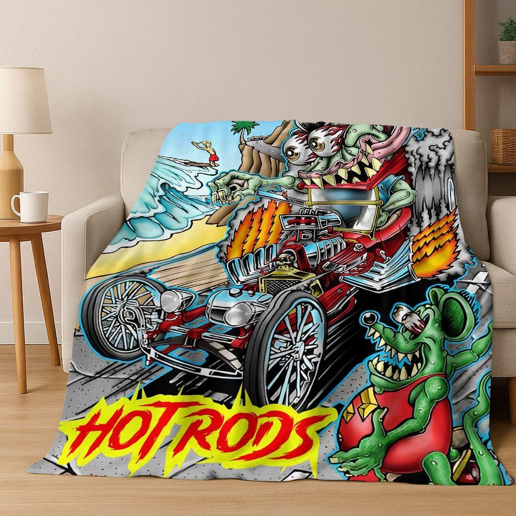 3D Buntowniczy RAT FINK Samochody Znak Kreskówkowy Koc Flanelowy, Ciepły i Przytulny Miękki Koc Rzutowy do Domu Sypialni Łóżka Sofy Pokrycie Piknikowe