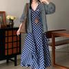 Early spring French retro V-neck neck strap suspender dress women's design plaid blue a-word long skirt