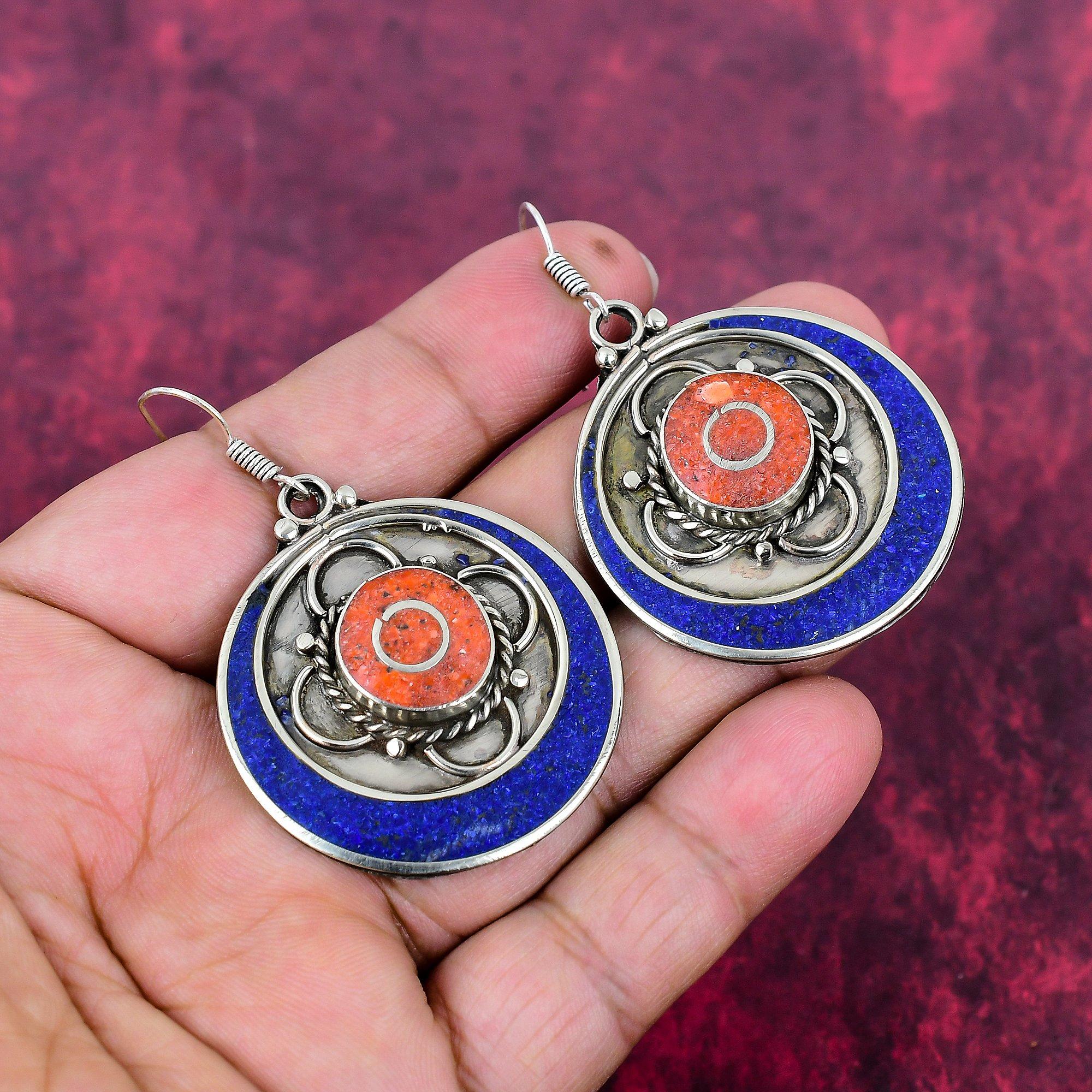 

Серьги из лазурита и коралла из стерлингового серебра 925 пробы, серьги ручной работы с драгоценными камнями, ювелирные изделия, подарки для любви, совершенно новые серьги 2.28 Inches