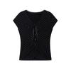 French printing polka dot slim fit and thin black T-shirt splicing lace small short sleeve V-neck summer new