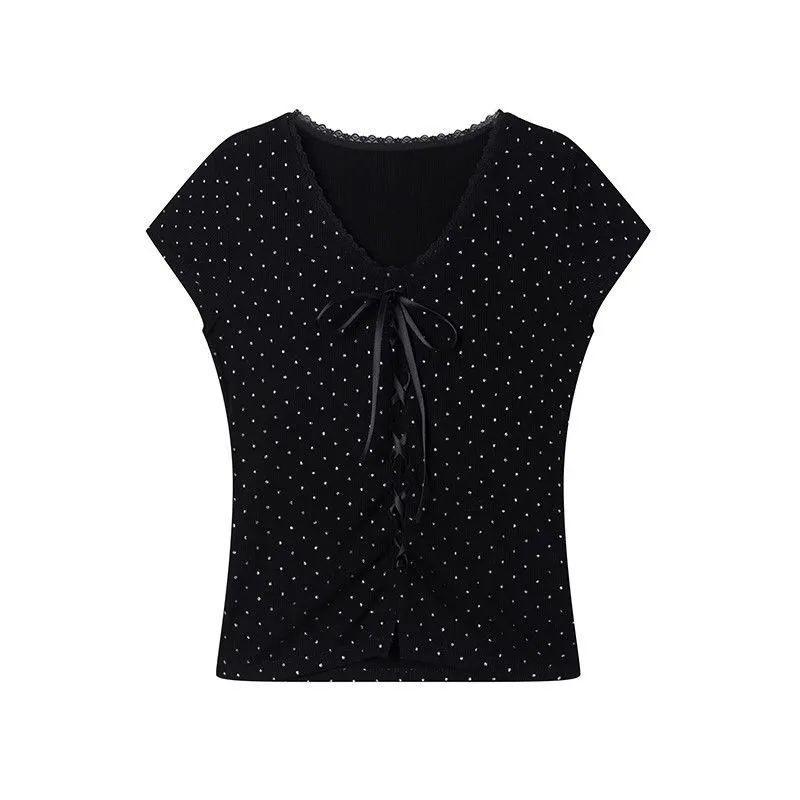 French printing polka dot slim fit and thin black T-shirt splicing lace small short sleeve V-neck summer new