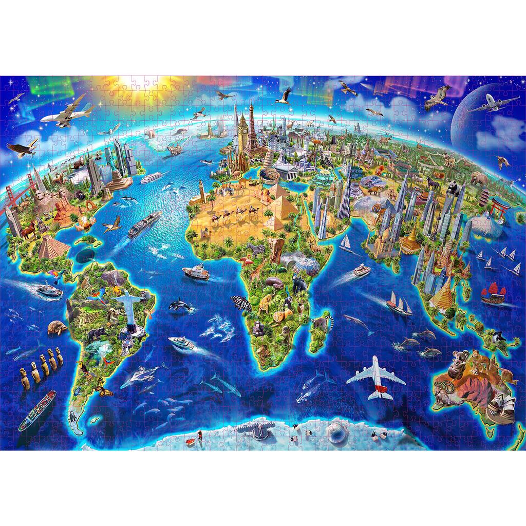 1000 Pieces World Landmarks Map Jigsaw Puzzles for Adults Home Decor Games Family Fun Floor Puzzles Educational Toys for Kids