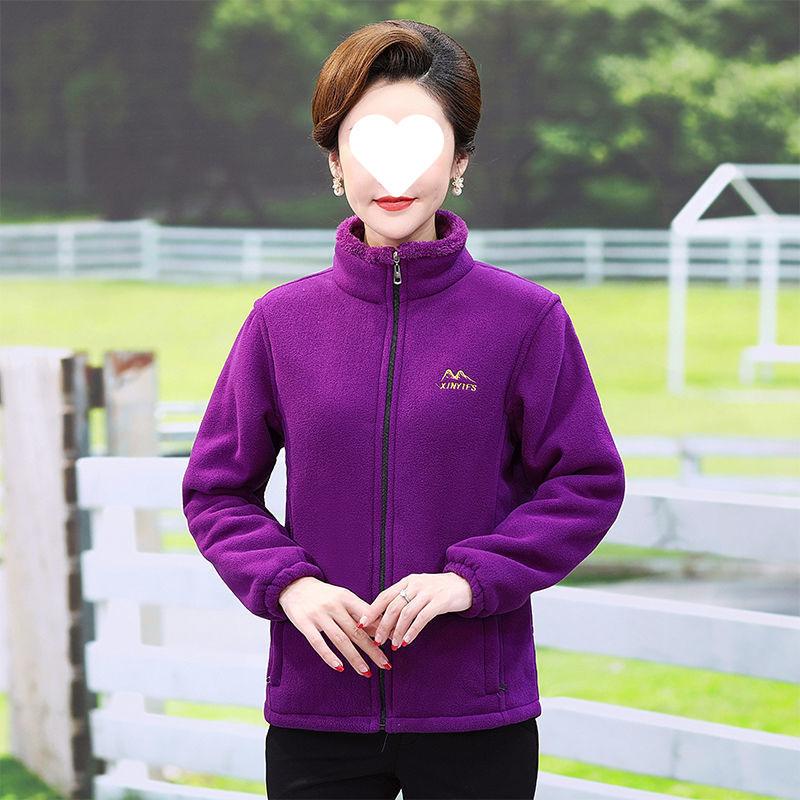 Mid Age Polar Fleece Jacket Women Stand Collar Winter Plush Lined Thick Warm Plus Size Womens Clothing Mom Wear Cardigan Hoodie