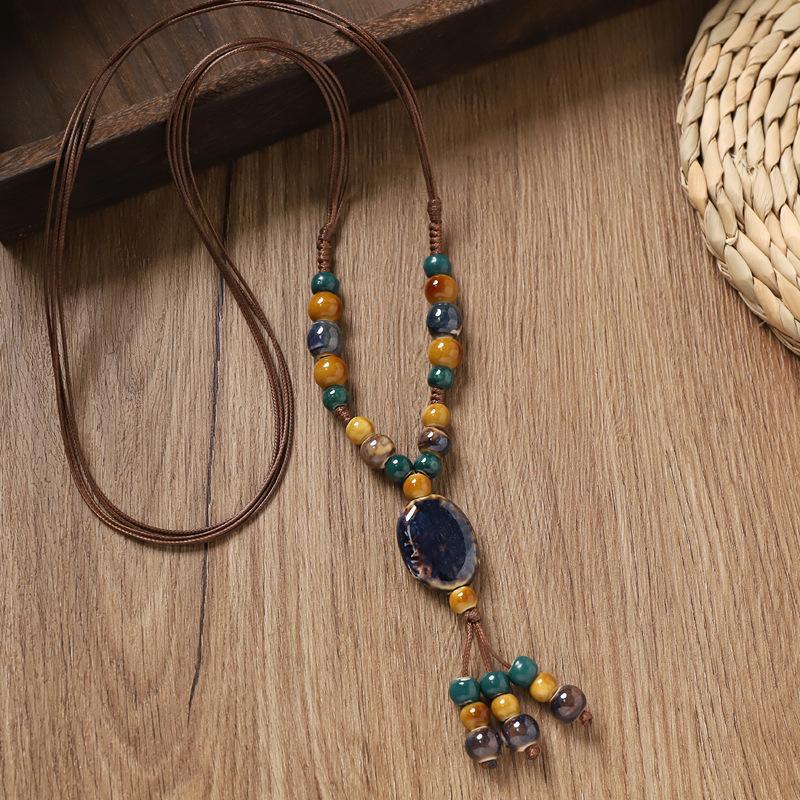 Retro Ceramic Beaded Necklace for Women, Handmade Long Sweater Chain, Ethnic Vintage Chinese Style Jewelry
