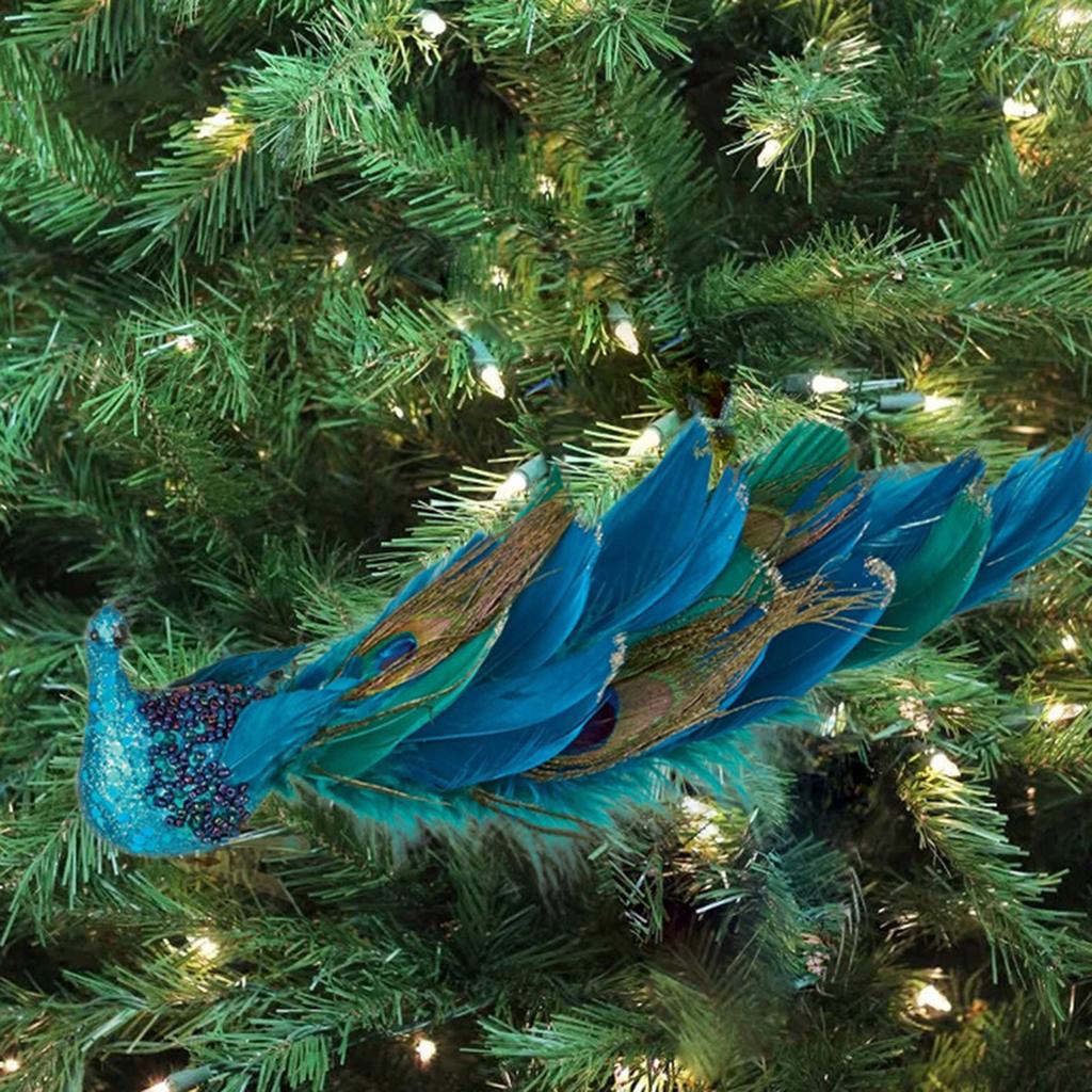 Christmas Tree Feather Peacock Decorations Simulation Three-dimensional Bird Ornaments with Clip
