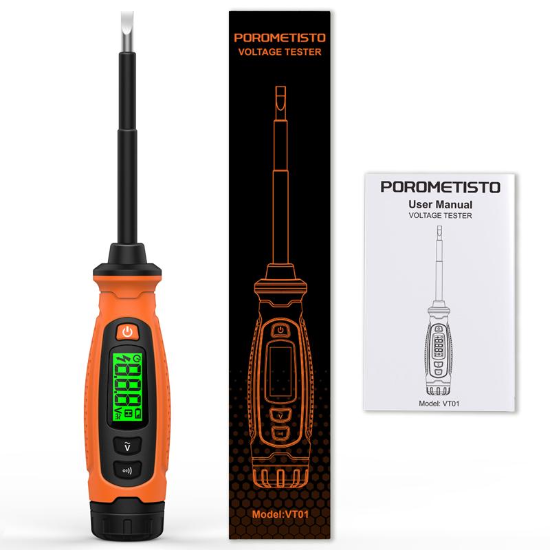 POROMETISTO Digital Voltage Tester Flathead Screwdriver Electrical Induction Circuit Test Pen with LCD Display and Buzzer Alarm