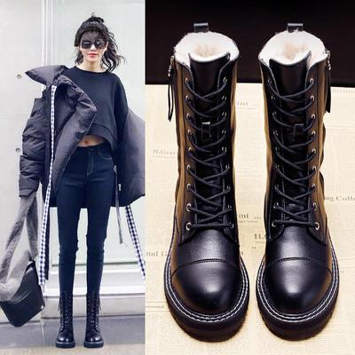 Botines de moda para mujer, botas cortas para la nieve para niñas, botas de piel sintética con cremallera lateral, antideslizantes, cálidos, con cordones en el interior de felpa, color negro