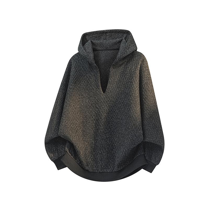 Men s Dark Grey Textured Hoodie Oversized V-Neck Drop Shoulder Sweatshirt with Curved Hem S чёрный