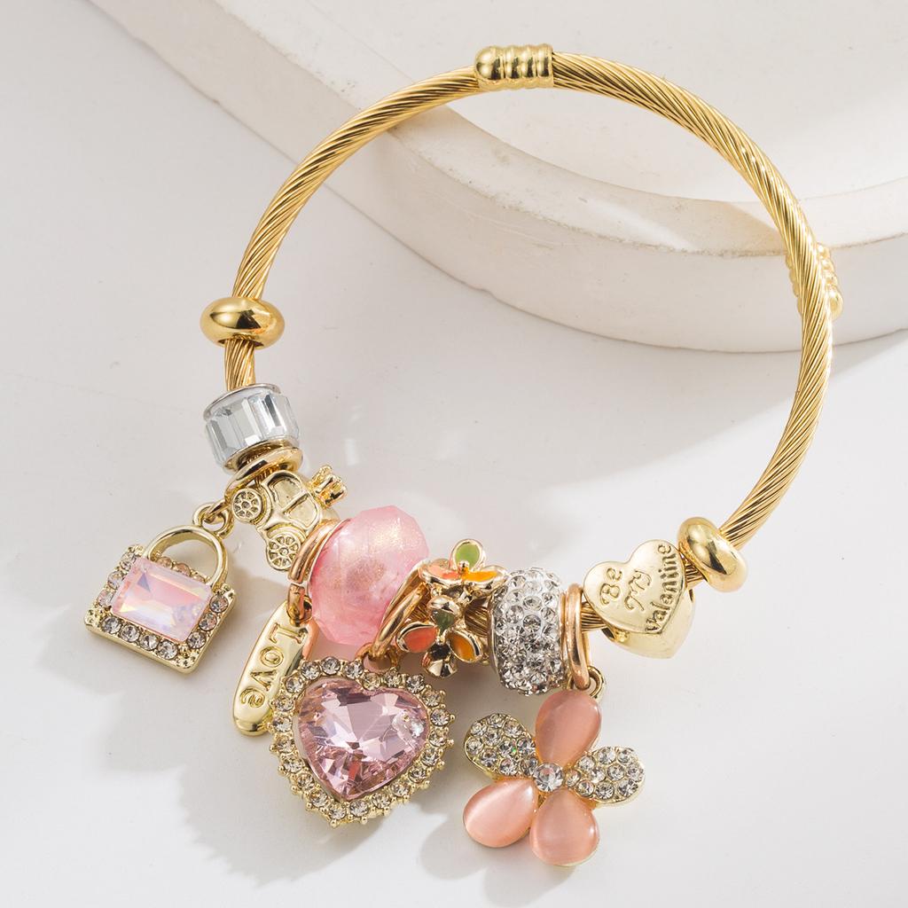 Stainless Steel Bracelet - Fashionable and Sweet Heart-shaped Lock Charm with Love Hearts and Flowers - High-end String Bead Bracelet