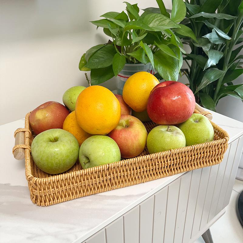Multi-Use Pp Woven Storage Basket With Wooden Handle Modern Rectangular Shallow Bin For Living Room Bedroom Kitchen Hotel Servic