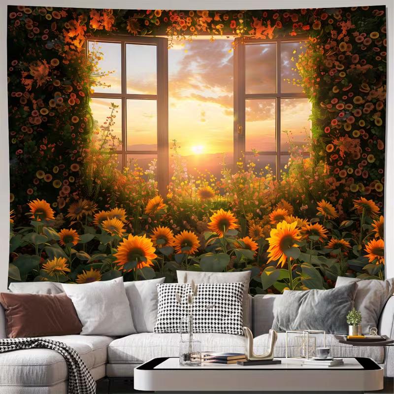 

2D Floral Window Sunset Tapestry, Lush Sunflower & Wildflower Garden Background Cloth 47.2x31.5inch/120*80cm