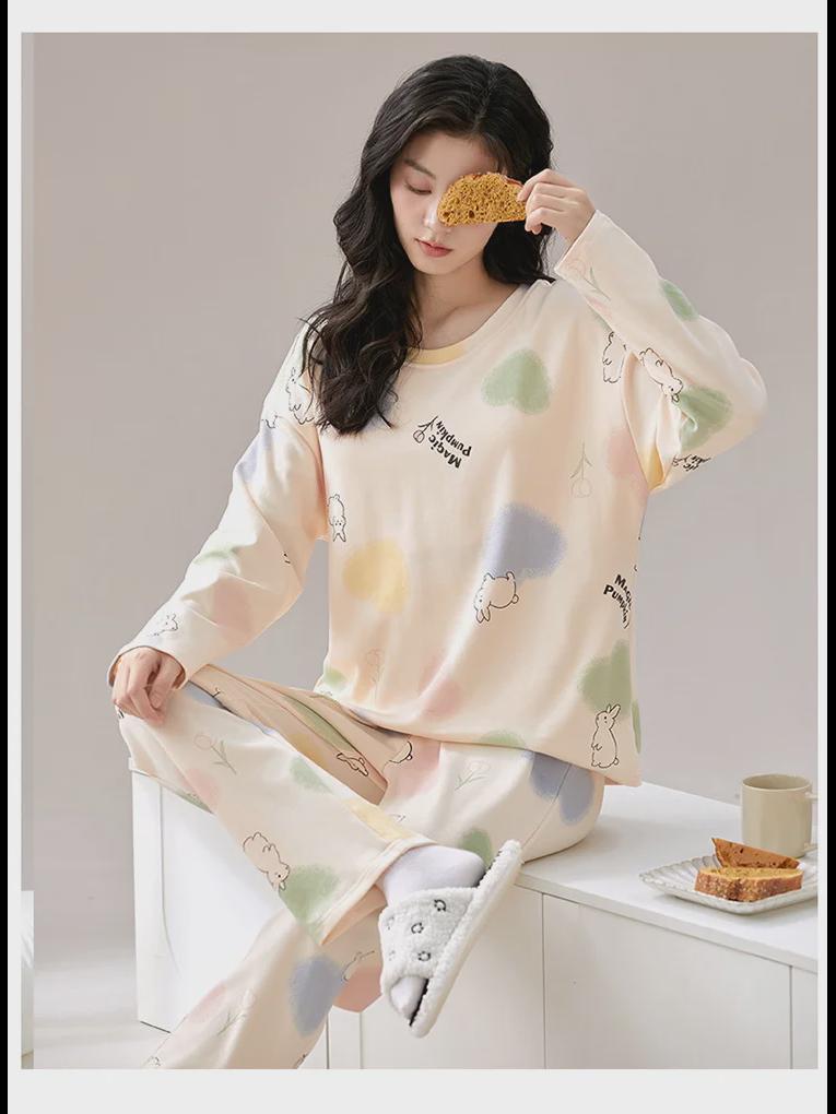 Women's Cartoon Long-Sleeve Pajamas with Chest Pads - Lightweight Home Loungewear for Autumn and Spring