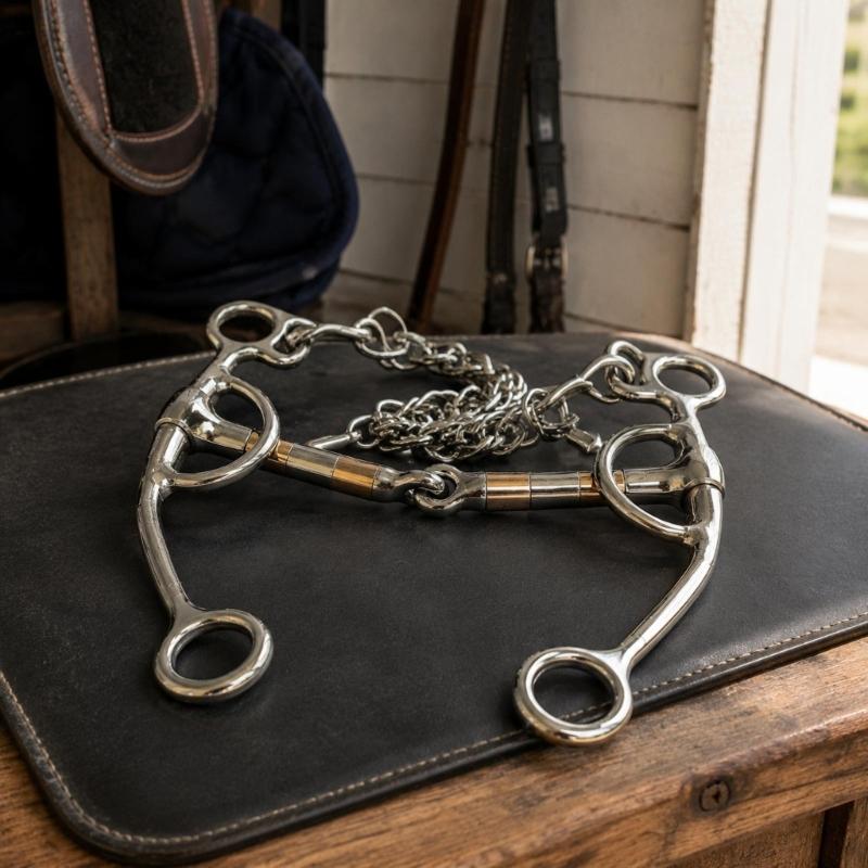 Horse Training Bit with Long Side Arms and Multiple Connection Rings, Three-Piece Jointed Center, Moving Metal Sections, Stainless Steel, and Curb