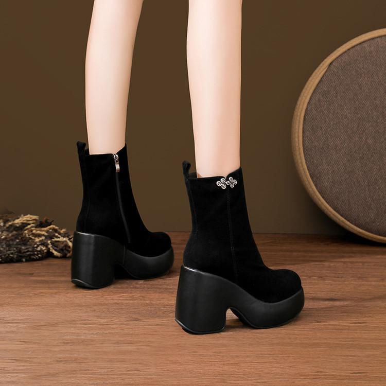 Coarse Heel Waterproof Table Short Boots Women's 10.5cm Autumn and Winter New Leather Platform Super High Heels Versatile and Comfortable Martin Boots