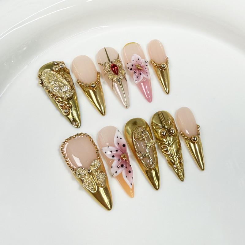 Luxury Gold Floral 3D Embossed Nail Tips Long Pointed False Nails Women Wearable Press-On Acrylic Art