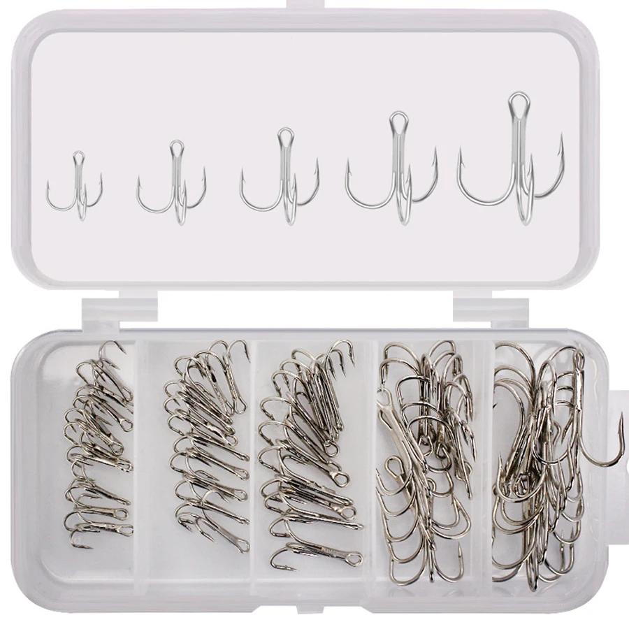 50pcs Barbed Fishing Treble Hooks Mix 2-10# High Strength Carbon Steel Hooks for Ice Sea Carp Fishing Lure Sharp Durable Tackle 260319
