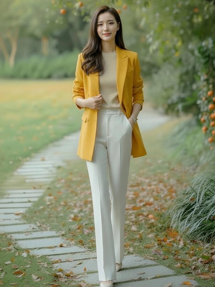 

Women s Yellow Business Suit Set: Professional High-End Micro-Flare Wide-Leg Pants Two-Piece for Interviews. XL