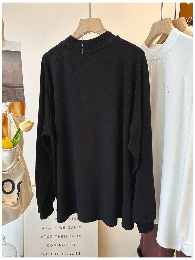 Women's Solid Color Velvet Embroidered Long-Sleeve Half-High Collar Loose T-Shirt.