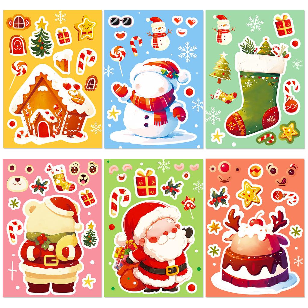 6 Christmas Cartoon Puzzles For Face Stickers, Gingerbread House Snowman Puzzle Repeated Stickers, Parent-Child Interaction Stickers