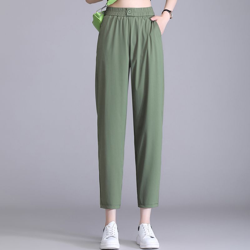 New Spring and Summer Fashion Commuting Simple Button Elastic Waist Panel Pocket Ice Silk Elastic Split Casual Women's Pant