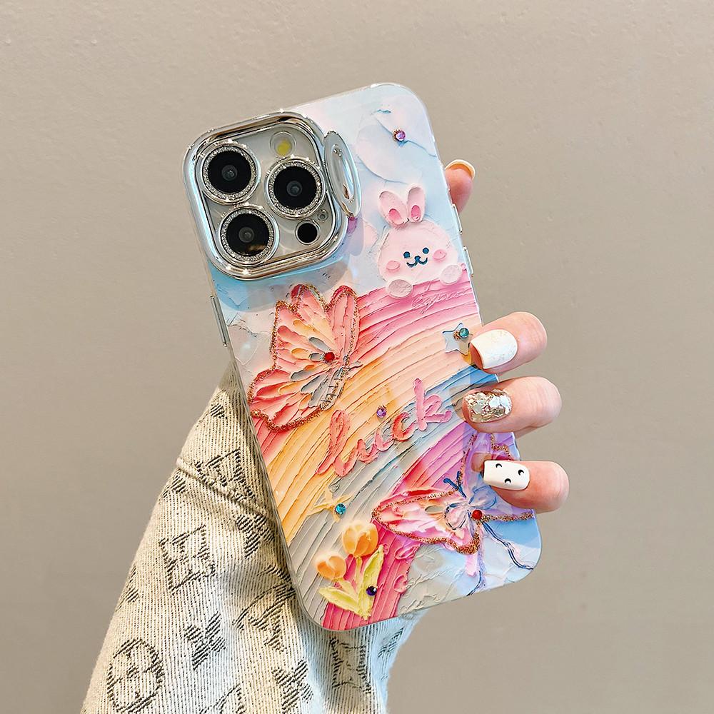 Phone Case For iPhone 11 12 13 14 Pro Max 14 15 Plus 12pro fashion Butterfly Rainbow Bunnies Pattern Invisible lens bracket protective film Back Cover