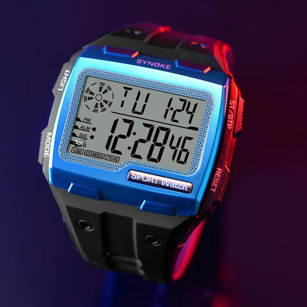 Men's Big Square Dial Digital Sport Watch Multifunction with Alarm Chronograph Week Resistant Repeater