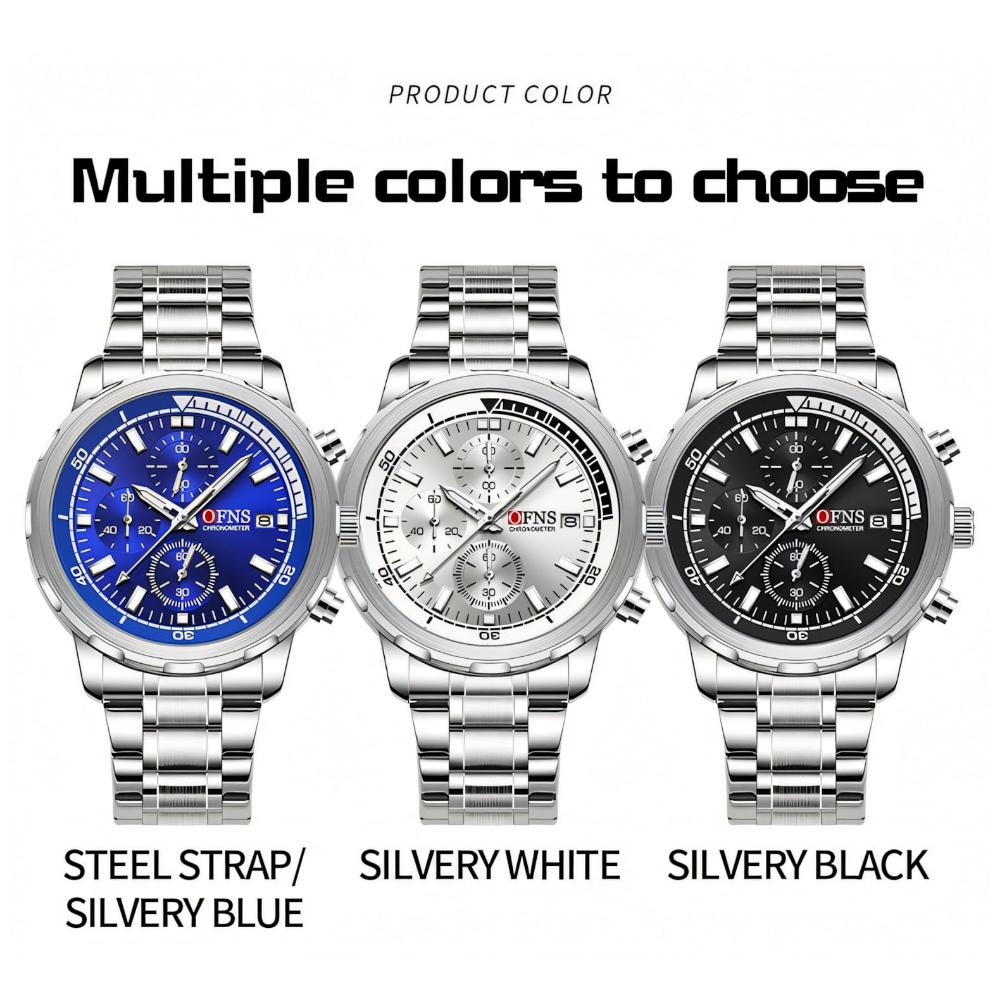 Men's Business and Leisure Watch with Three Eyes Six Needles Quartz Movement Night Light Display Waterproof Wristwatch