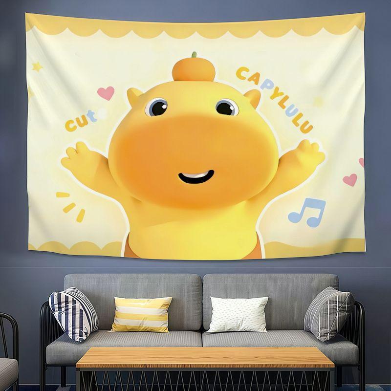 Cute Yellow Dragon CAPYLULU Wall Tapestry Cartoon Character Orange On Head Heart Music Note Kawaii Kids Room Home Decor