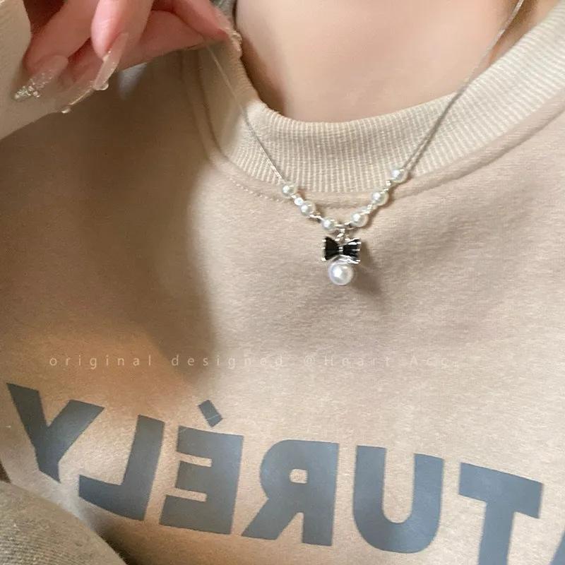 "True Love is Flawless" Bow Pendant Pearl Necklace Women's New High-end Light Luxury Clavicle Chain