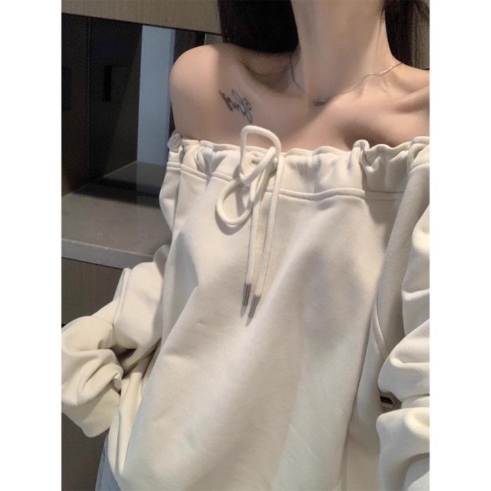 

Повседневный свитшот с длинным рукавом и открытыми плечами в корейском стиле для женщин - тренд весны, осени, зимы M (Recommended 100-110 jin) абрикосовый