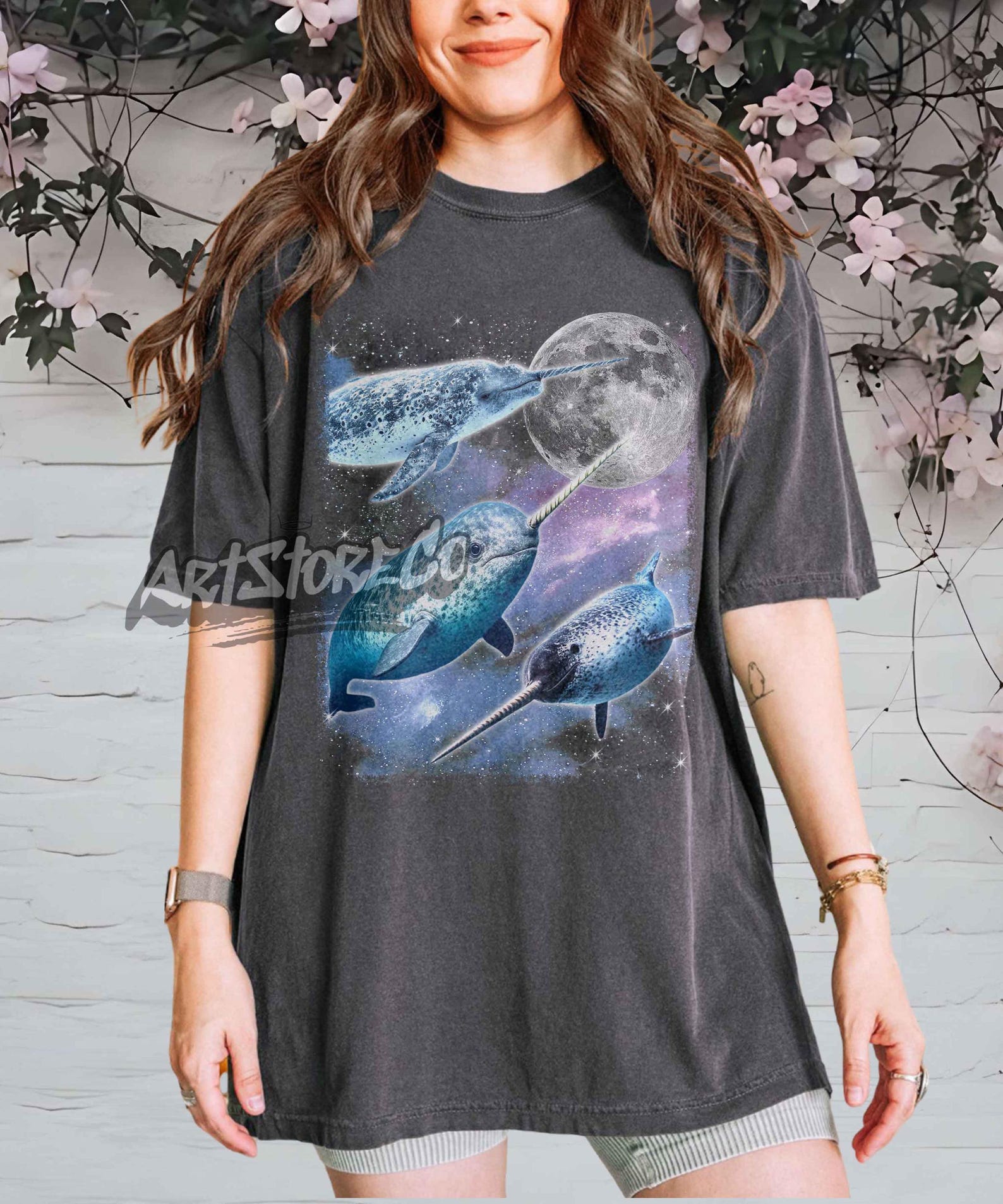 Narwhal T Shirt, Narwhal Graphic Tee, Space Narwhal Shirt, Galaxy Ocean Animal TShirt, Funny Unicorn Whale Tee, Moon Narwhal Top, Sea Shirt S