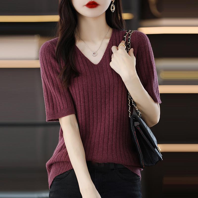 Frühling Sommer Damen V-Ausschnitt Kurzarm Exquisiter Kaschmir Strickpullover Pullover Einfarbig