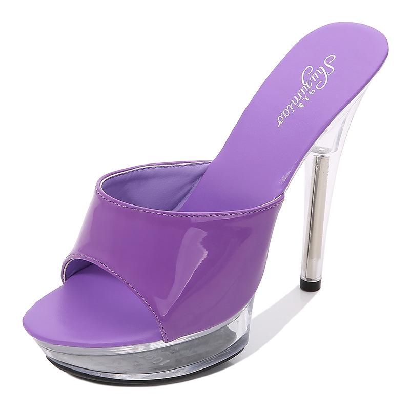Patent Leather 13cm15cm Special High Heels Thin Heels Sexy Waterproof Table  High Super High Slippers Women's Summer