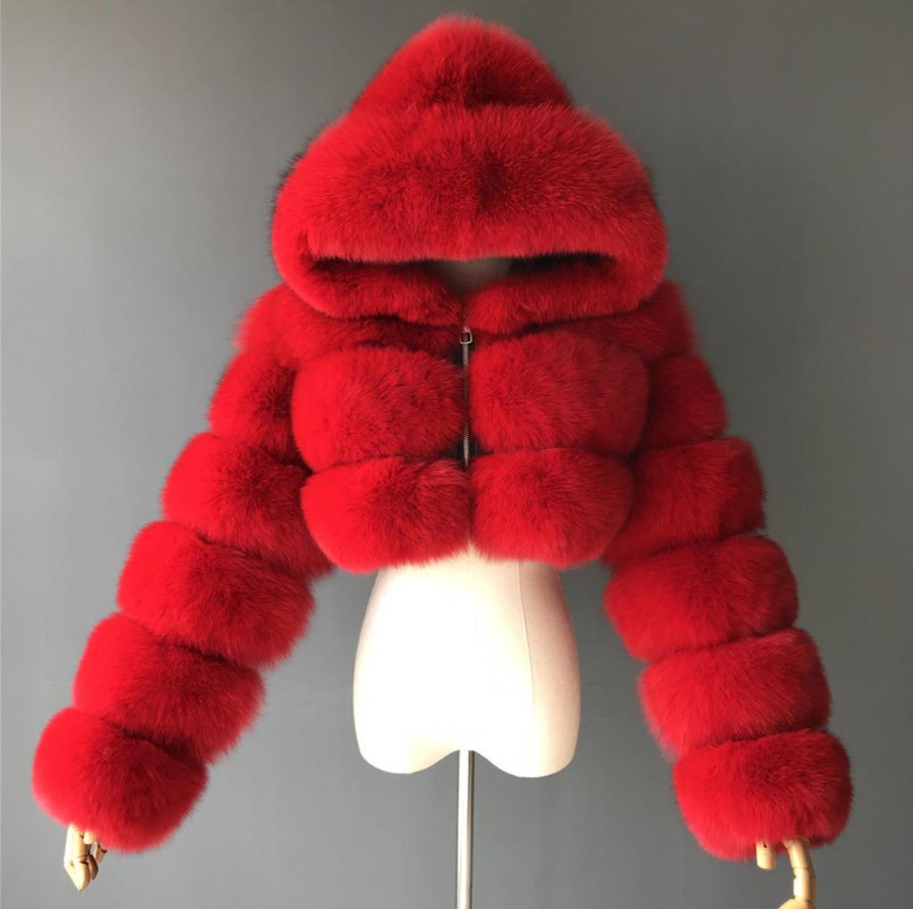 Furry Cropped Faux Fur Coats Bundy Dámske Fluffy Top Coat Krátke zimné kožušinové kabátiky s kapucňou