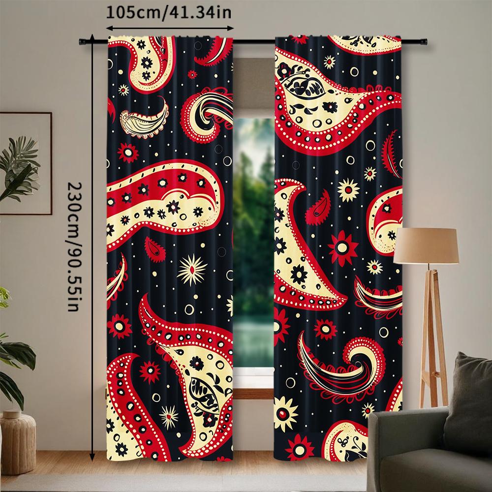2pcs Vintage Paisley Pattern Curtains   Rod Pocket Mount   Polyester Material   Red & Golden Floral Design on Black Background   Sem