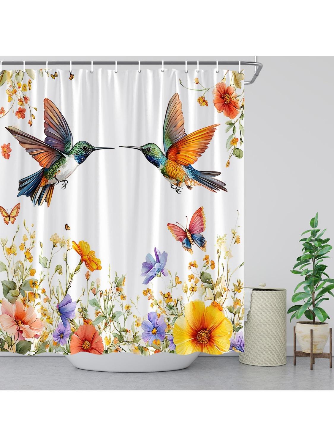 Flower Hummingbird Shower Curtain Colorful Wildflower Butterfly Watercolor Floral Bird Cute Spring Natural Plant Garden Bathroom 90x180CM