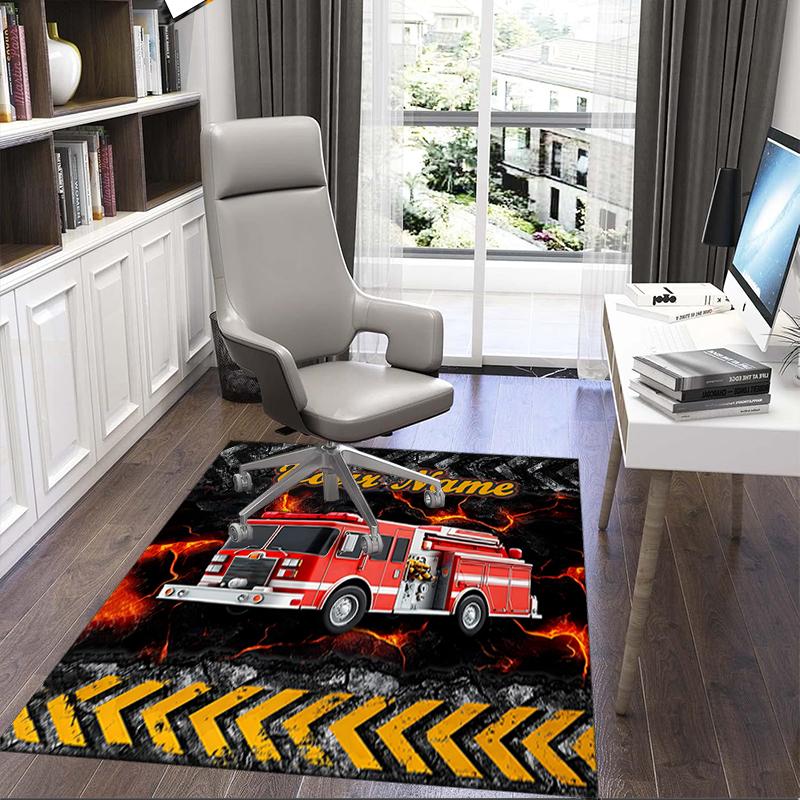 1PC Custom Name Fire Truck Adventure Theme Floor Mat Ideal for Living Room, Game Rooms, Office, Bedroom, Office Floor Mat , Floor Mats for Home