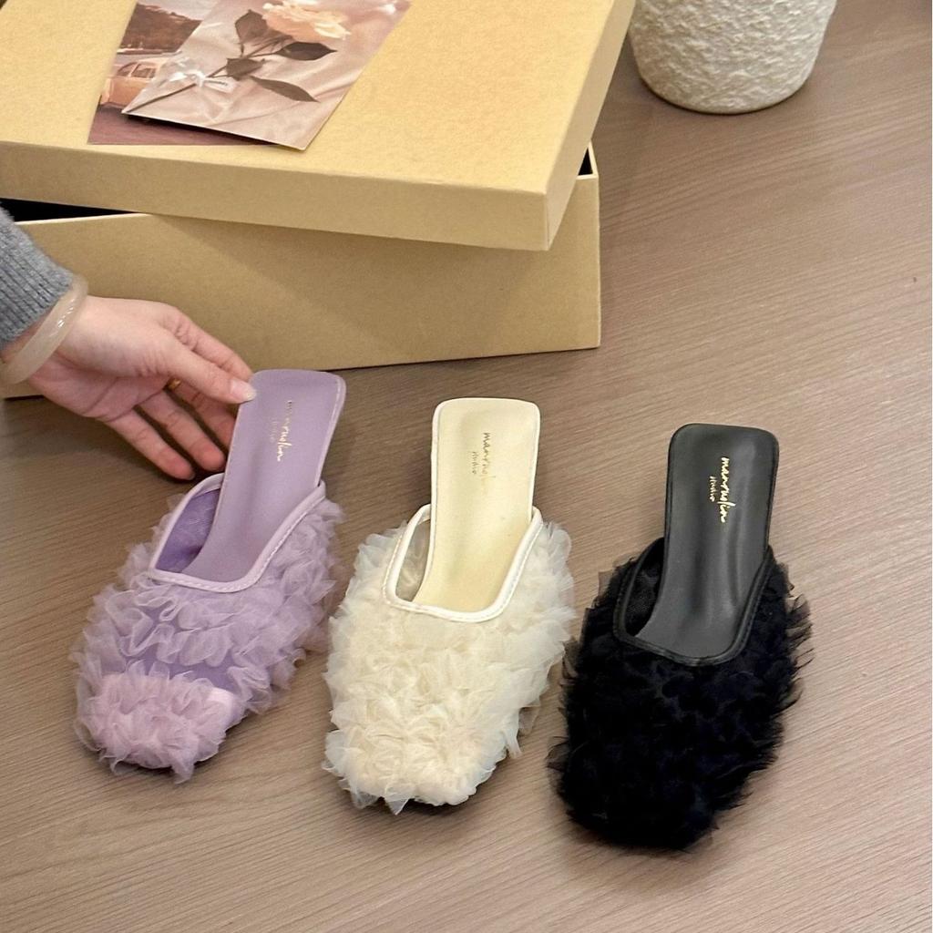 Purple mist aesthetics! Temperament square head mesh yarn half drag half slippers women's spring 2025 spring new outer wear cat heel sandals