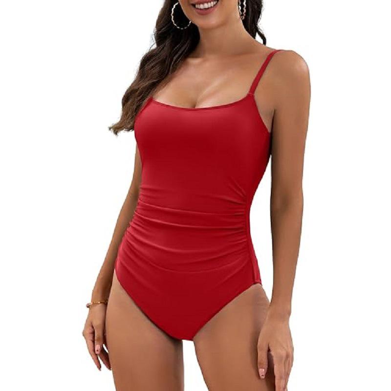 European and American Pleated Solid Color Sexy One-Piece Swimsuit for Women