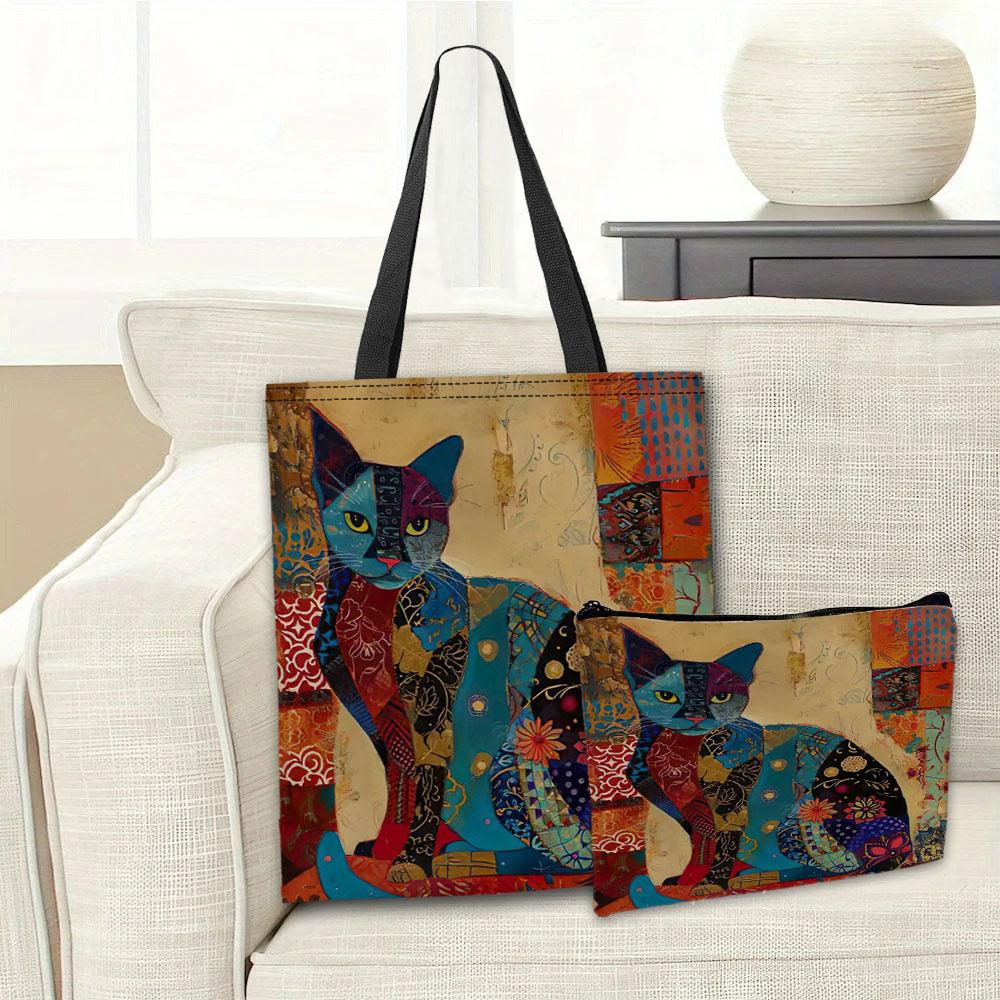 Chic Retro Flowers Cat Shopping Bag Ethnic Makeup Bag Storage Casual Shopping Shoulder Bags Women's Handbag Toiletry Pouch