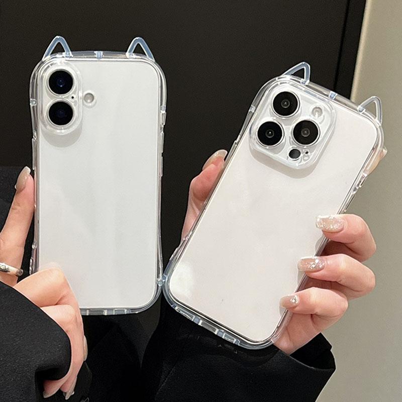 Mode Schattige Cartoon Kattenoren Transparante Telefoonhoes Voor iPhone 17 16 15 14 Plus 13 12 11 Pro Max Meisje Zachte Transparante Cover iPhone 13