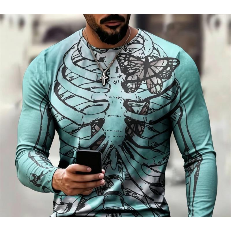 Maglietta da Uomo a Maniche Lunghe Girocollo con Stampa 3D Gabbia Toracica Scheletrica, Top a Maniche Lunghe Casual Streetwear con Grafica Teschio Gotico