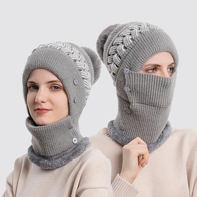 Women's Hat and Scarf Integrated Autumn and Winter Knitted Hat Plus Fleece Warm Scarf Winter Women's Pullover Hat