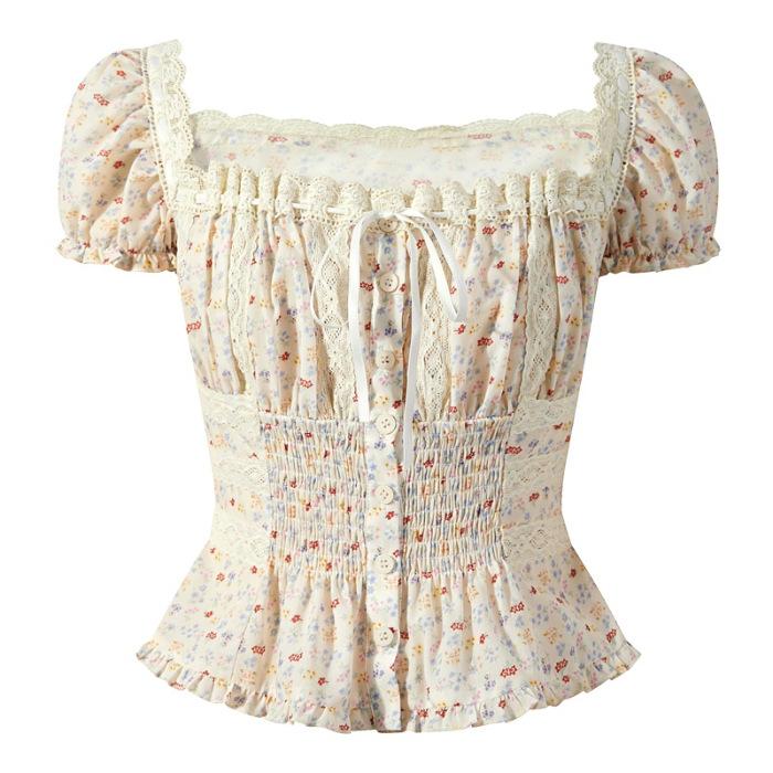 

White rose milk puff bubble sleeve top, women s pure desire for wind atmosphere, slim and thin, and wear short-sleeved top XL