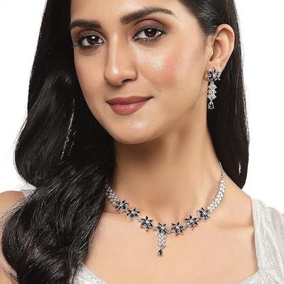 Plated Silver Toned Star Shaped American Diamond Studded Necklace Earrings Jewellery Set for Girls and Women