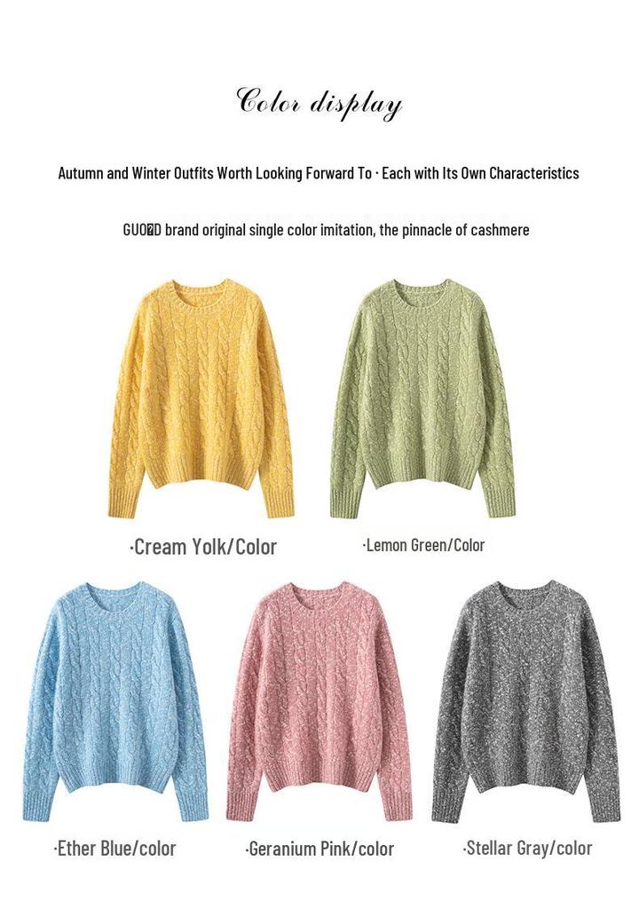 Women's Long Sleeve Cashmere Knit Sweater - Round Neck, Loose Fit, Warm & Slimming Pullover