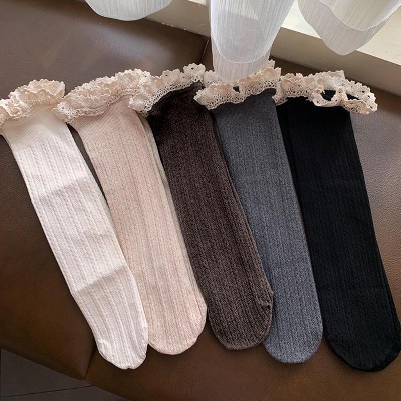 Women Winter Fall Vertical Striped Ribbed Knit Long Socks Japanese JK Sweet Frilly Ruffle Lace Trim Knee High Stockings